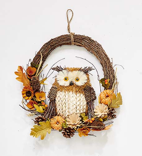 18" Owl Sitting on Fall Arrangement Half Wreath