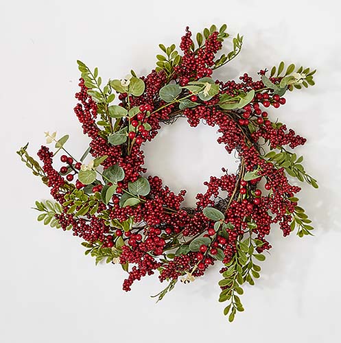 16" Red Berries & Green Leaves Wreath on Natural Twig Base