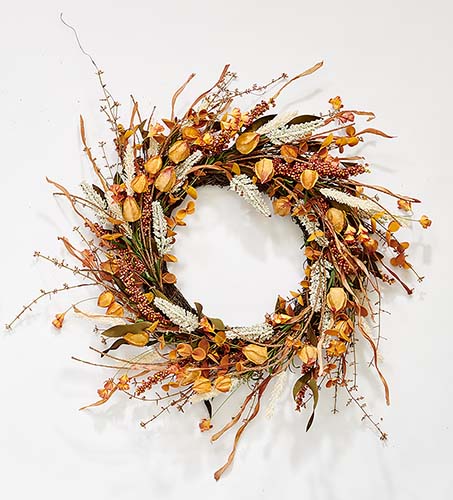 24" Fall Chinese Lantern Wreath on Natural Twig Base