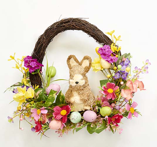 18" Easter Eggs, Flowers & Bunny Sitting on Half Wreath