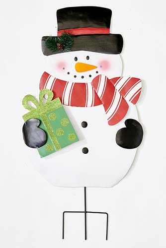 31" Metal Snowman Holding Gift Garden Stake